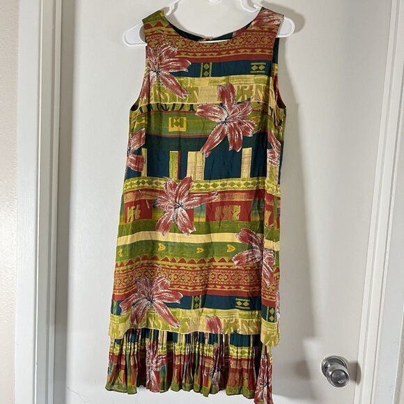 Vintage Donna Morgan Dress Linen Blend Siz 4 Floral Artsy Retro Y2K Pleated - Picture 1 of 6